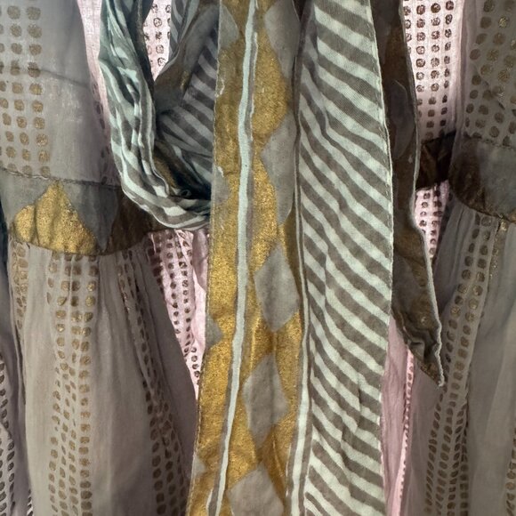 Oliphant Grey and Gold Flutter Sleeve  Belted Dress - Picture 4 of 14